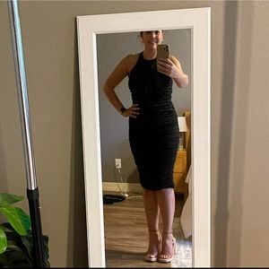 Chrysanthemum LBD Black Bodycon Ruched Date Night Midi Dress Size L (10/12)